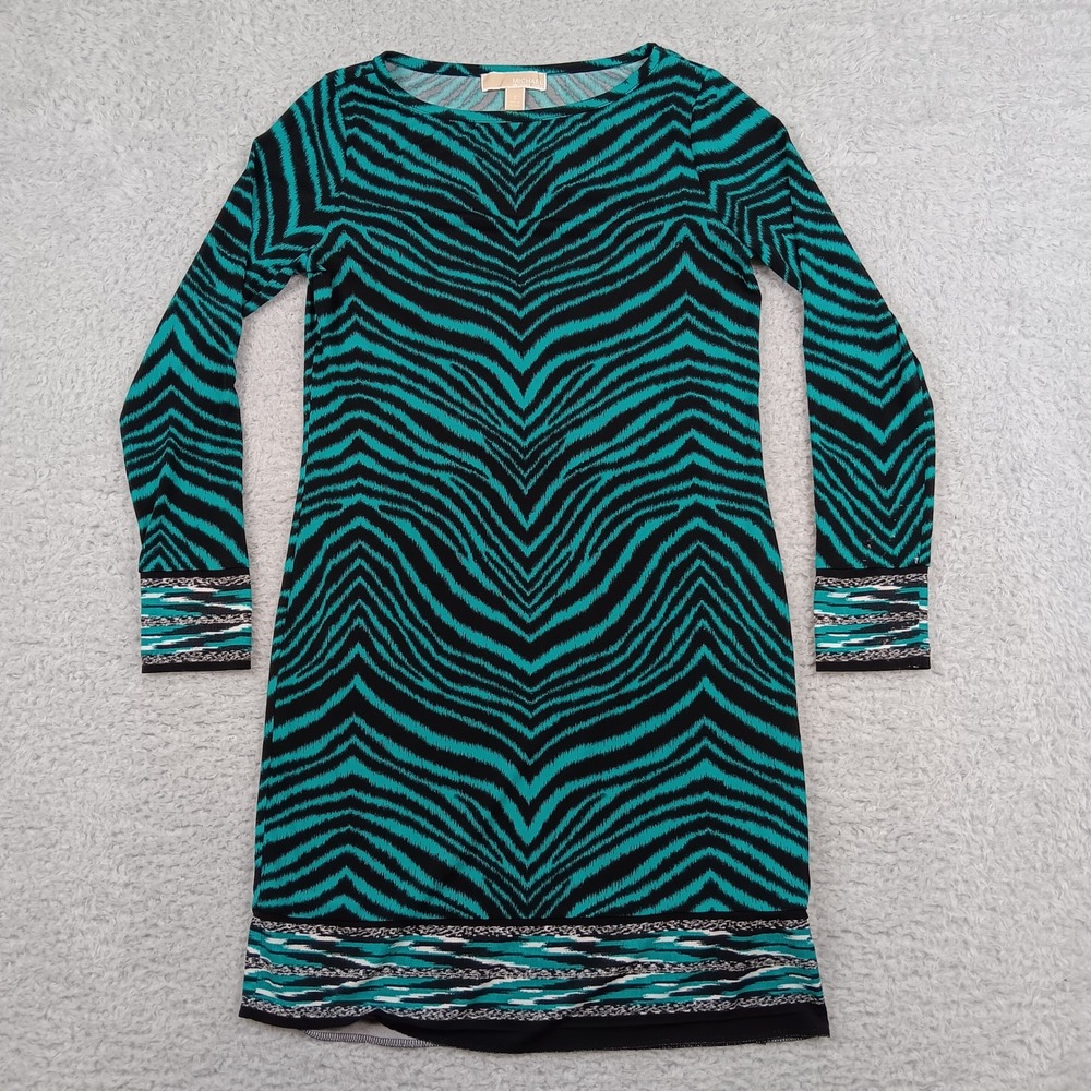 Michael Michael Kors Dress Sheath Women S Teal Zebra Border Print Long Sleeve